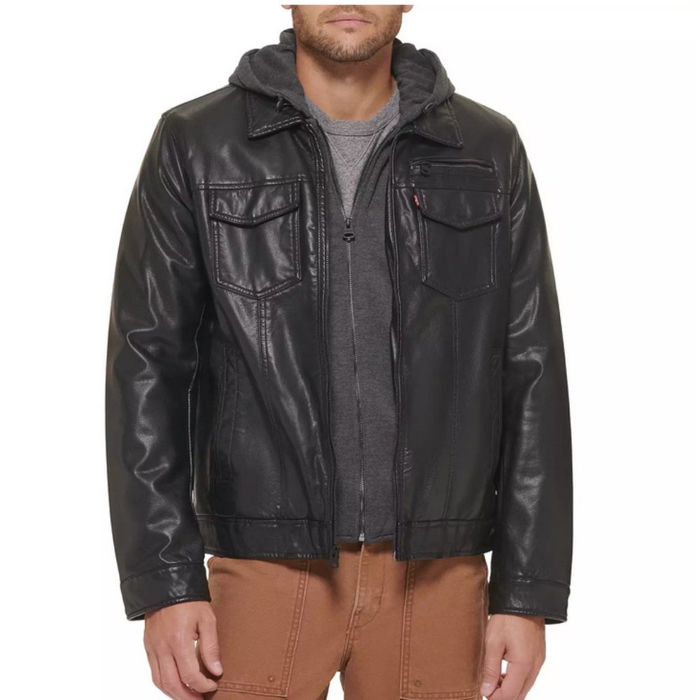 LEVI'S Faux Leather Hooded Sherpa Trucker Jacket XL